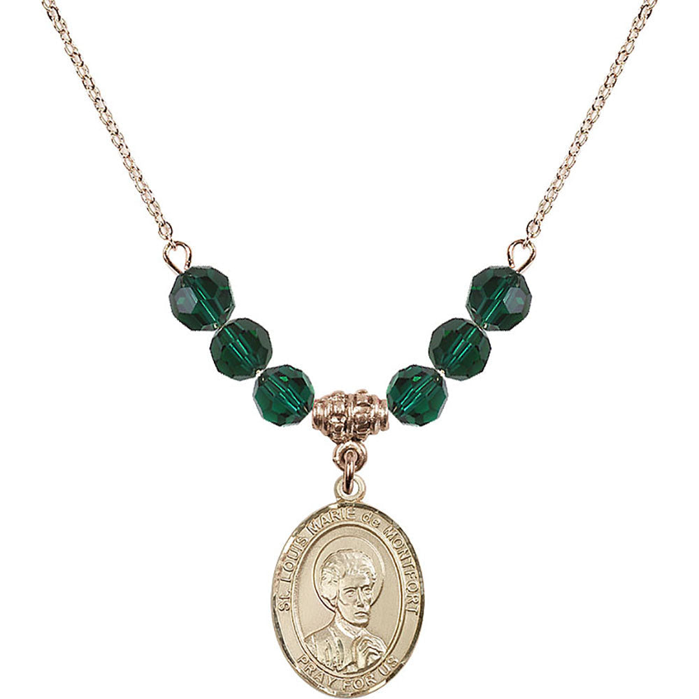 14kt Gold Filled Saint Louis Marie de Montfort Birthstone Necklace with Emerald Beads - 8330