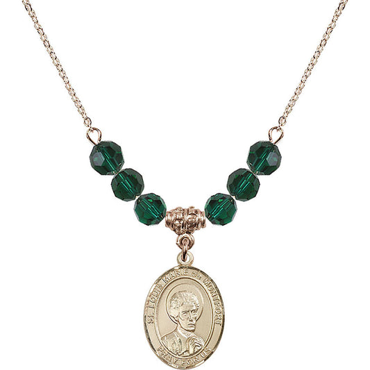 14kt Gold Filled Saint Louis Marie de Montfort Birthstone Necklace with Emerald Beads - 8330