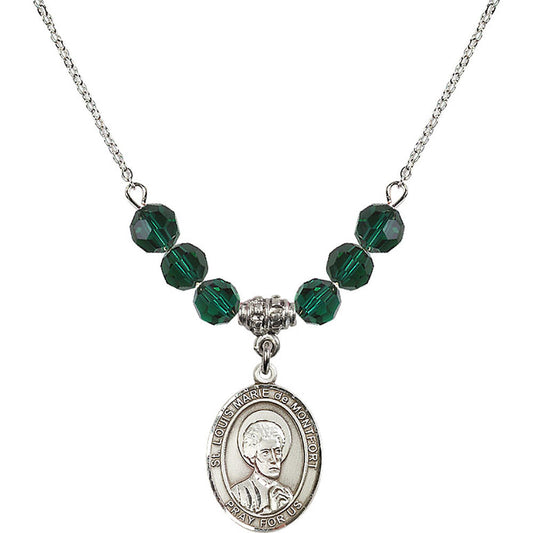 Sterling Silver Saint Louis Marie de Montfort Birthstone Necklace with Emerald Beads - 8330