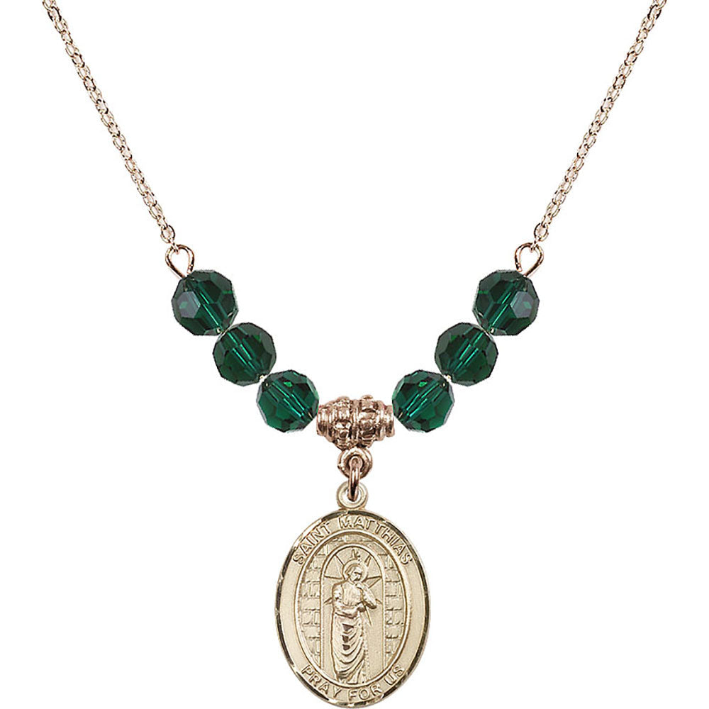 14kt Gold Filled Saint Matthias the Apostle Birthstone Necklace with Emerald Beads - 8331