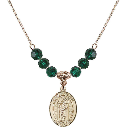 14kt Gold Filled Saint Matthias the Apostle Birthstone Necklace with Emerald Beads - 8331