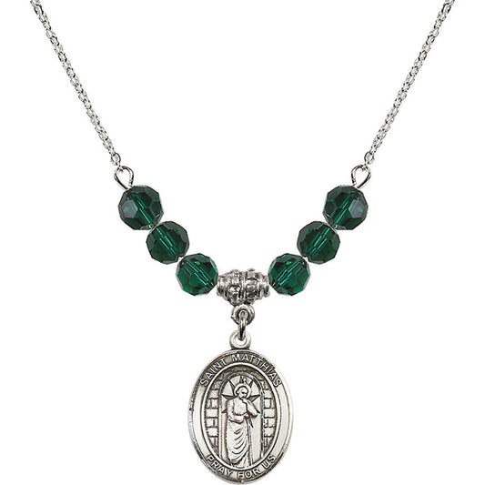 Sterling Silver Saint Matthias the Apostle Birthstone Necklace with Emerald Beads - 8331