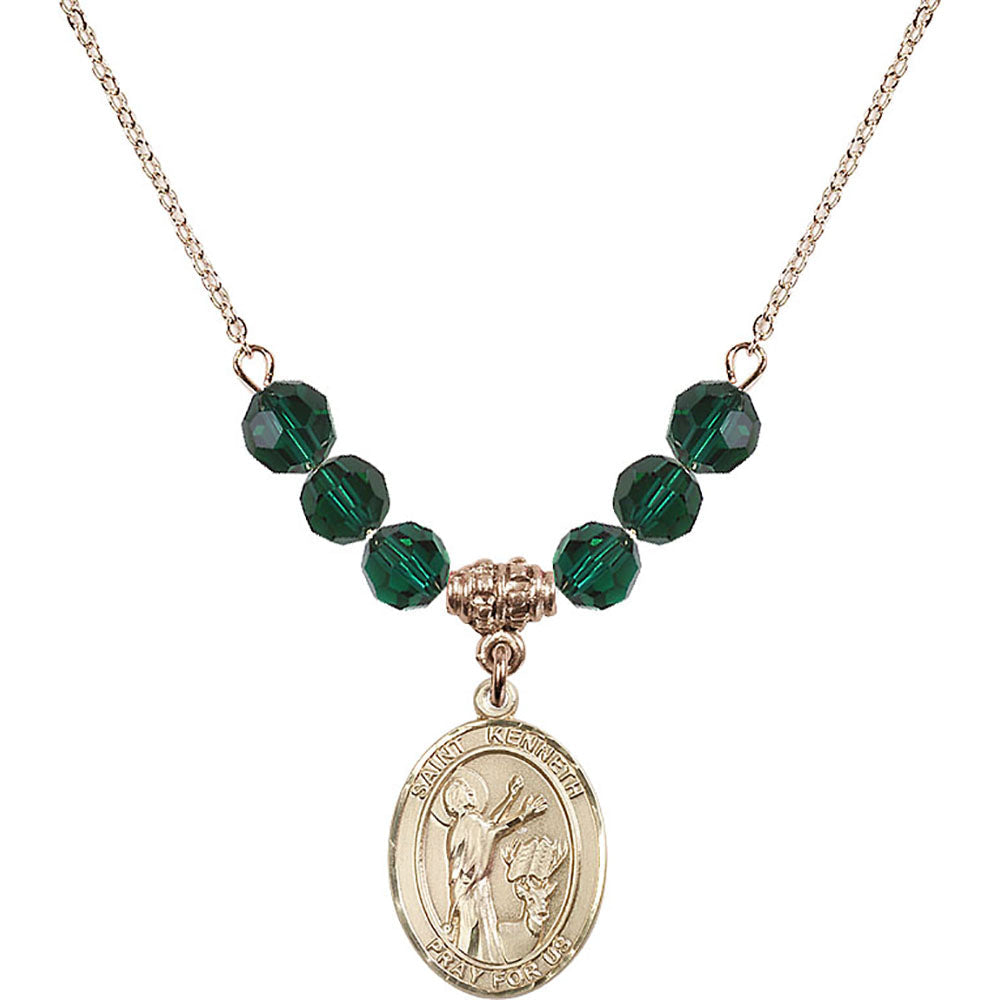 14kt Gold Filled Saint Kenneth Birthstone Necklace with Emerald Beads - 8332