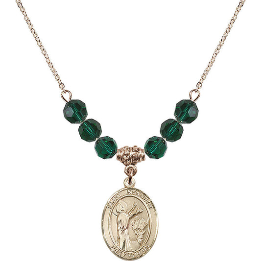 14kt Gold Filled Saint Kenneth Birthstone Necklace with Emerald Beads - 8332
