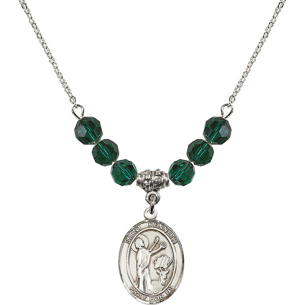 Sterling Silver Saint Kenneth Birthstone Necklace with Emerald Beads - 8332
