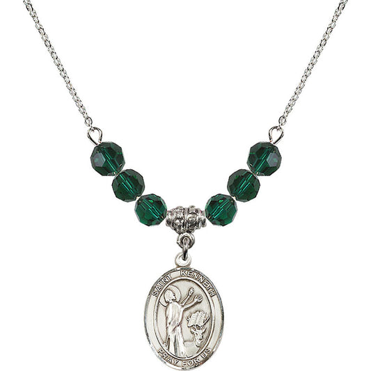 Sterling Silver Saint Kenneth Birthstone Necklace with Emerald Beads - 8332