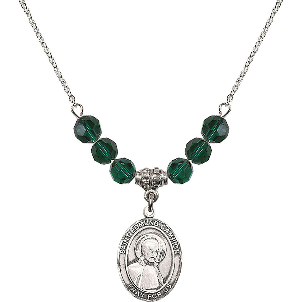 Sterling Silver Saint Edmund Campion Birthstone Necklace with Emerald Beads - 8333