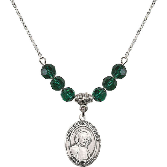 Sterling Silver Saint Edmund Campion Birthstone Necklace with Emerald Beads - 8333