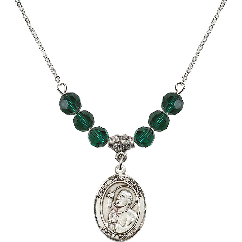 Sterling Silver Saint Rene Goupil Birthstone Necklace with Emerald Beads - 8334
