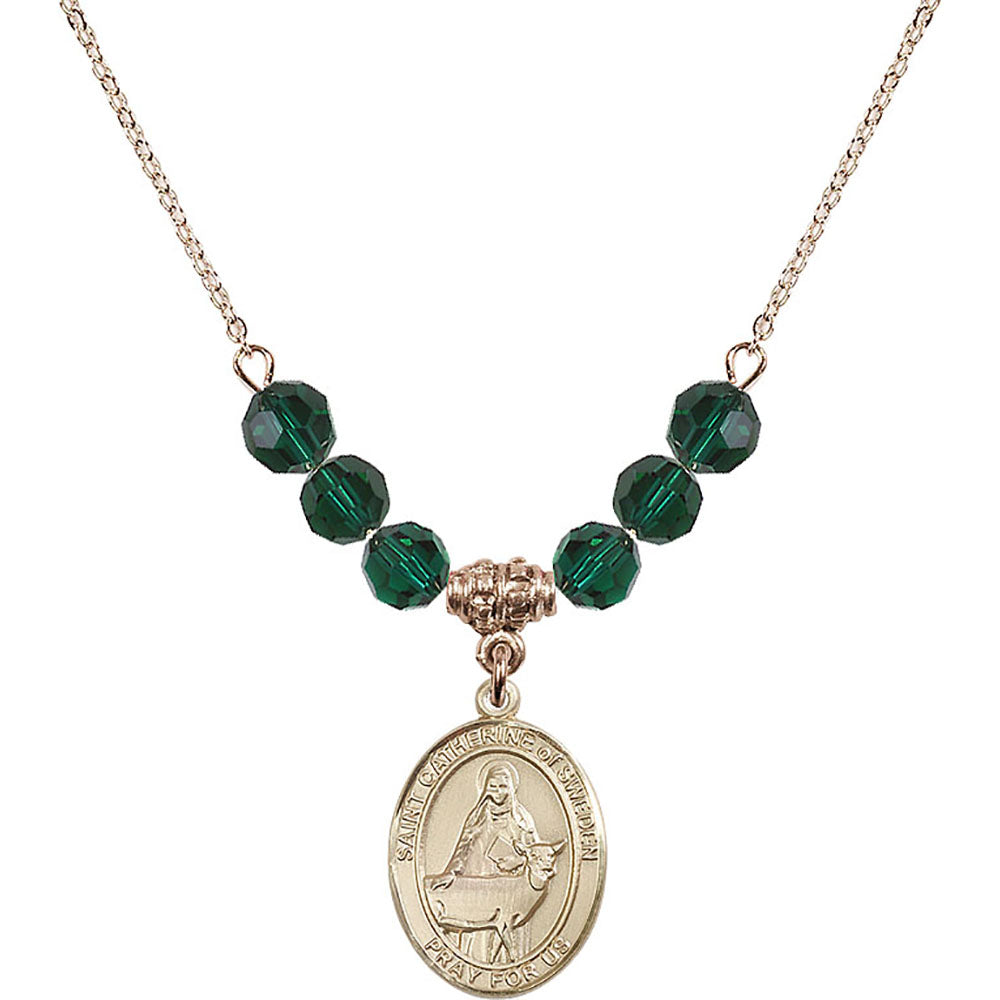 14kt Gold Filled Saint Catherine of Sweden Birthstone Necklace with Emerald Beads - 8336
