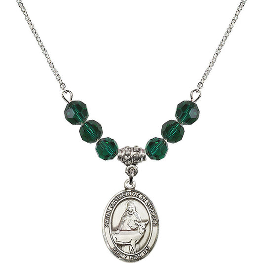 Sterling Silver Saint Catherine of Sweden Birthstone Necklace with Emerald Beads - 8336