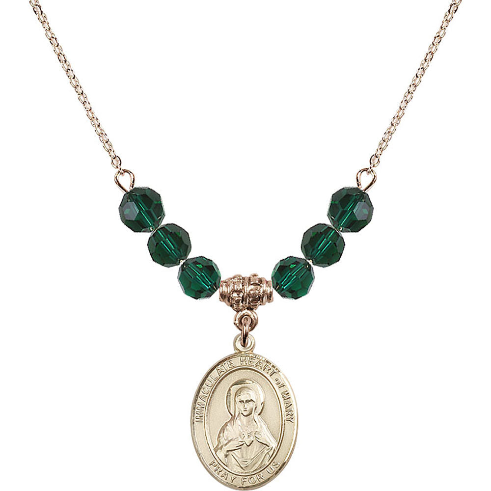14kt Gold Filled Immaculate Heart of Mary Birthstone Necklace with Emerald Beads - 8337