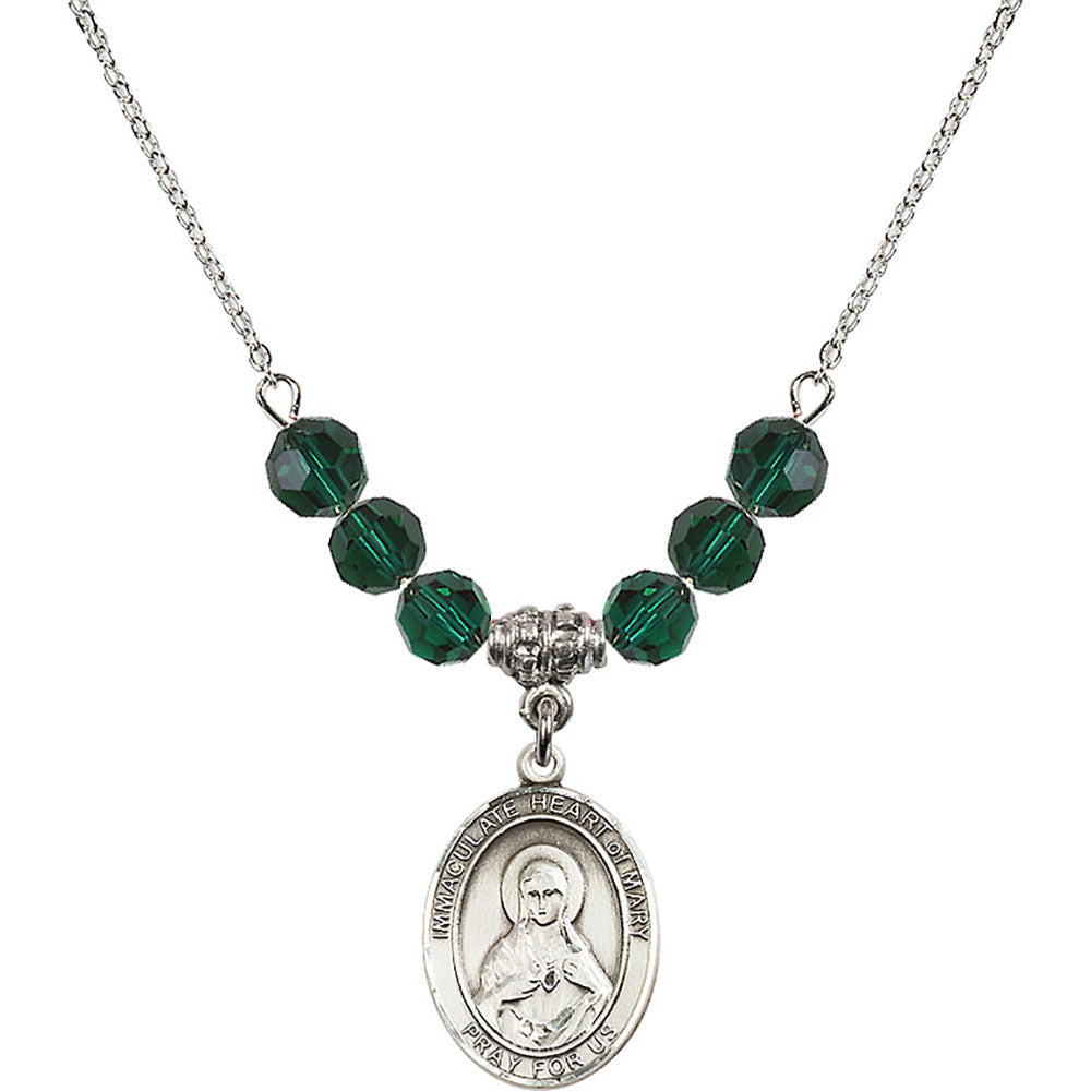 Sterling Silver Immaculate Heart of Mary Birthstone Necklace with Emerald Beads - 8337