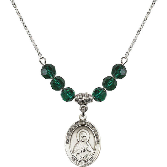 Sterling Silver Immaculate Heart of Mary Birthstone Necklace with Emerald Beads - 8337