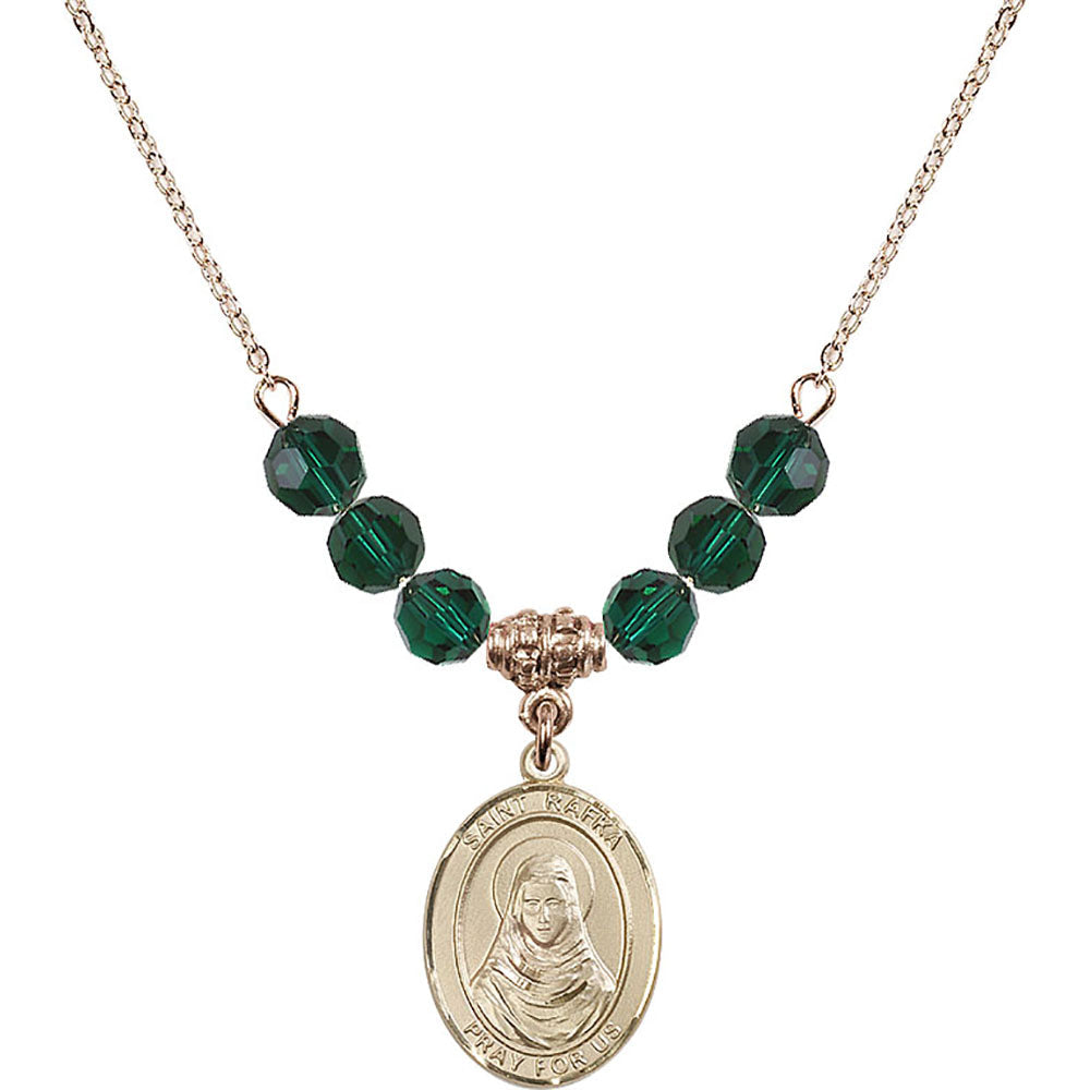 14kt Gold Filled Saint Rafka Birthstone Necklace with Emerald Beads - 8338