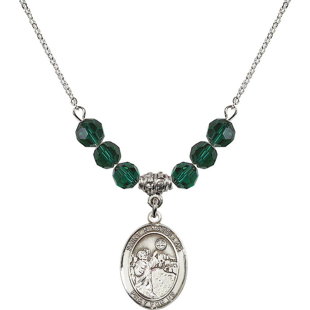 Sterling Silver Saint Nimatullah Birthstone Necklace with Emerald Beads - 8339