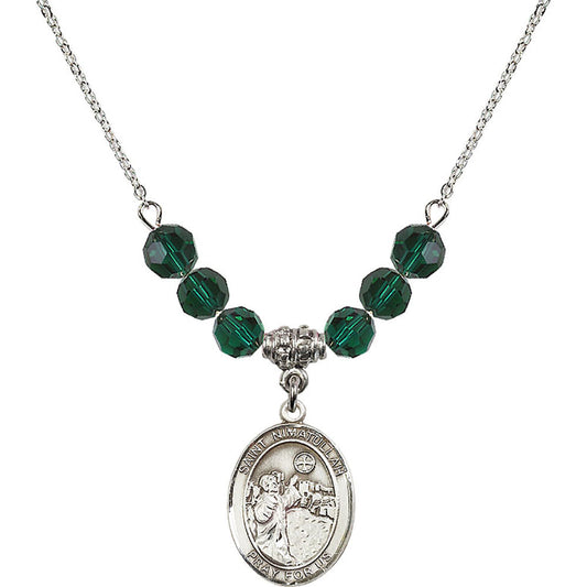 Sterling Silver Saint Nimatullah Birthstone Necklace with Emerald Beads - 8339