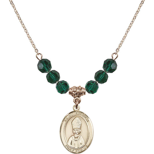 14kt Gold Filled Saint Anselm of Canterbury Birthstone Necklace with Emerald Beads - 8342
