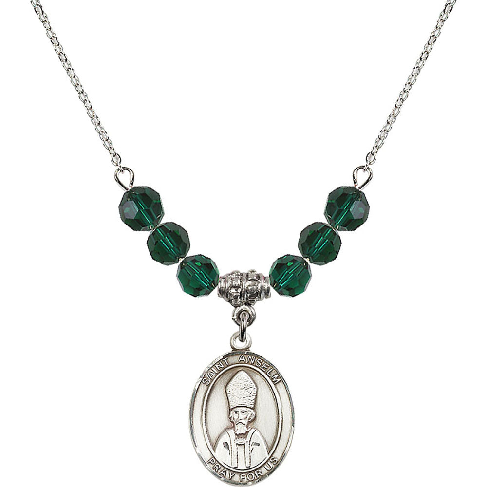Sterling Silver Saint Anselm of Canterbury Birthstone Necklace with Emerald Beads - 8342