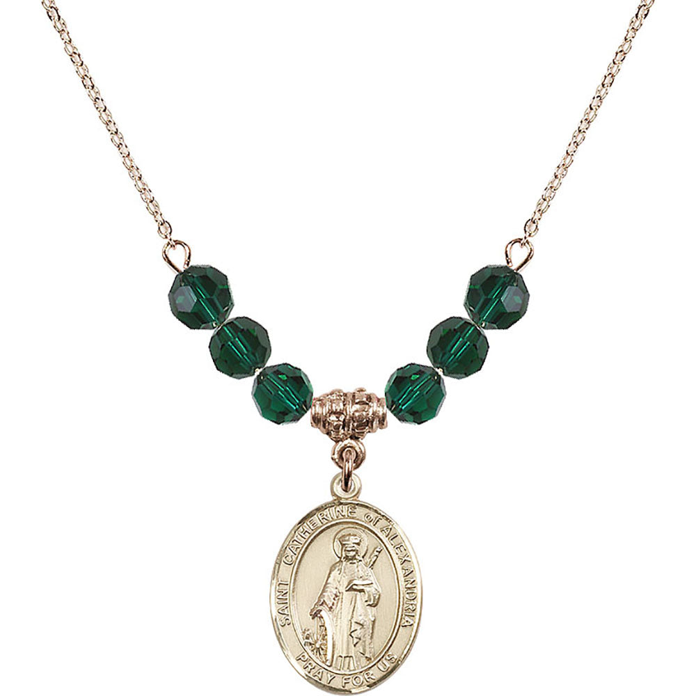 14kt Gold Filled Saint Catherine of Alexandria Birthstone Necklace with Emerald Beads - 8343