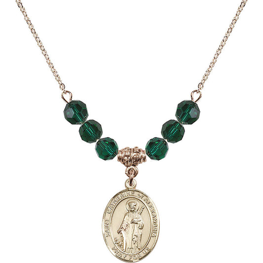 14kt Gold Filled Saint Catherine of Alexandria Birthstone Necklace with Emerald Beads - 8343