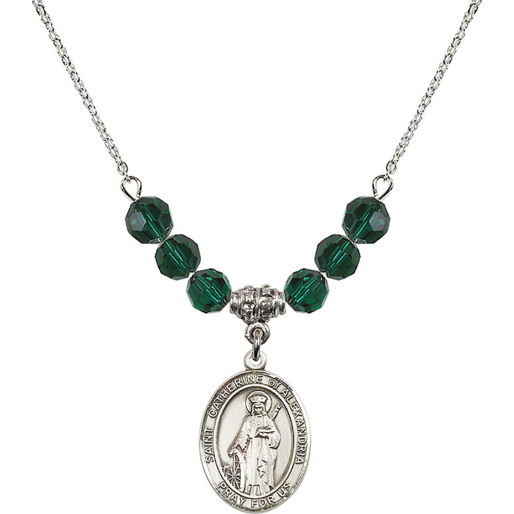 Sterling Silver Saint Catherine of Alexandria Birthstone Necklace with Emerald Beads - 8343