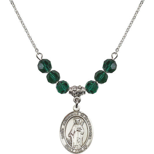 Sterling Silver Saint Catherine of Alexandria Birthstone Necklace with Emerald Beads - 8343