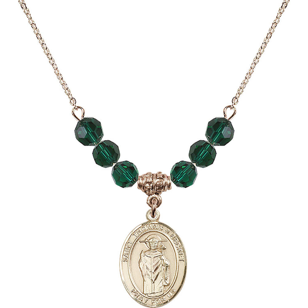 14kt Gold Filled Saint Thomas A Becket Birthstone Necklace with Emerald Beads - 8344
