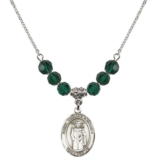 Sterling Silver Saint Thomas A Becket Birthstone Necklace with Emerald Beads - 8344