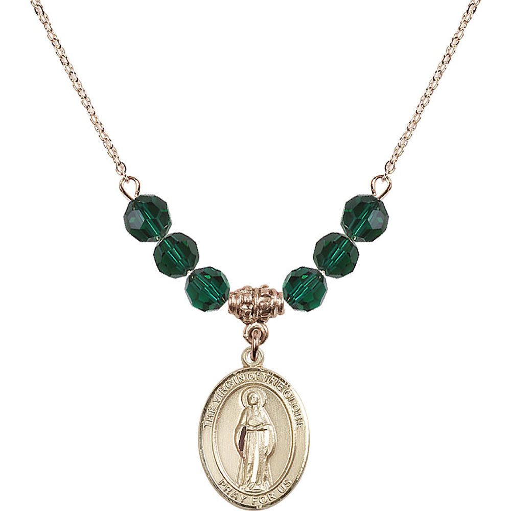 14kt Gold Filled Virgin of the Globe Birthstone Necklace with Emerald Beads - 8345