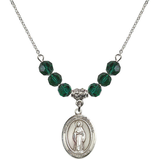Sterling Silver Virgin of the Globe Birthstone Necklace with Emerald Beads - 8345