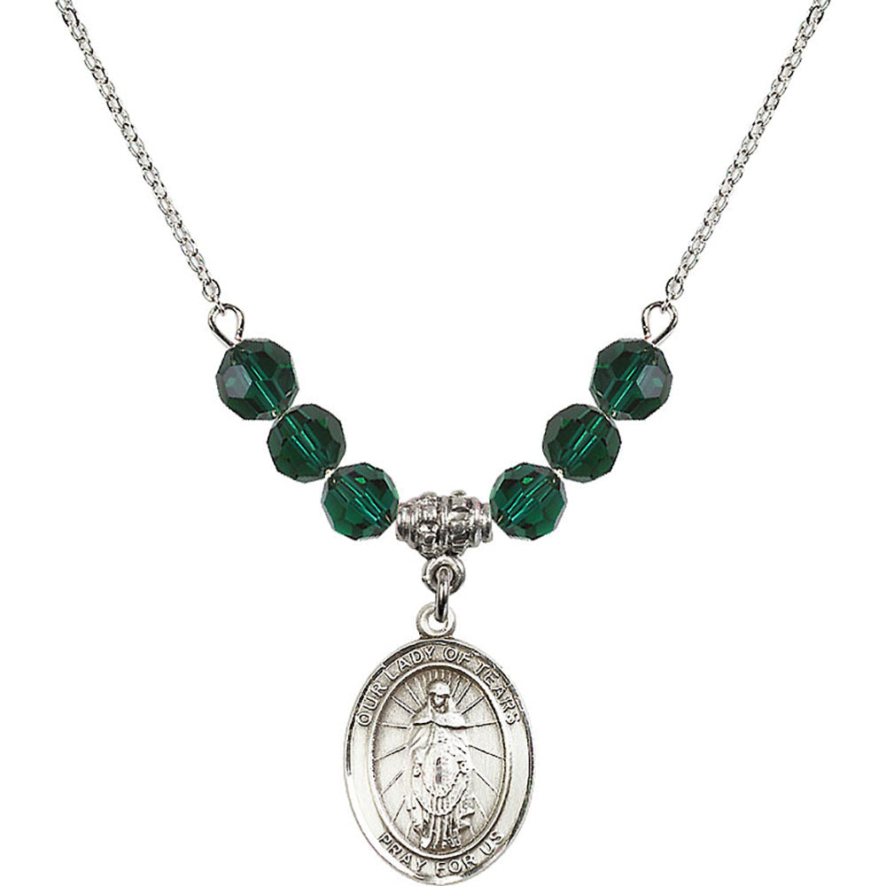 Sterling Silver Our Lady of Tears Birthstone Necklace with Emerald Beads - 8346