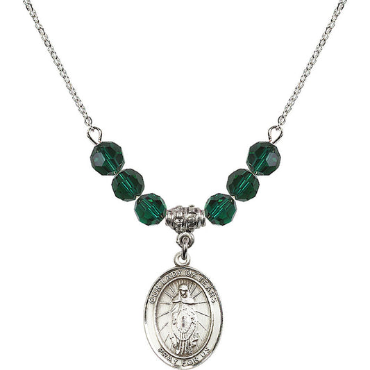 Sterling Silver Our Lady of Tears Birthstone Necklace with Emerald Beads - 8346