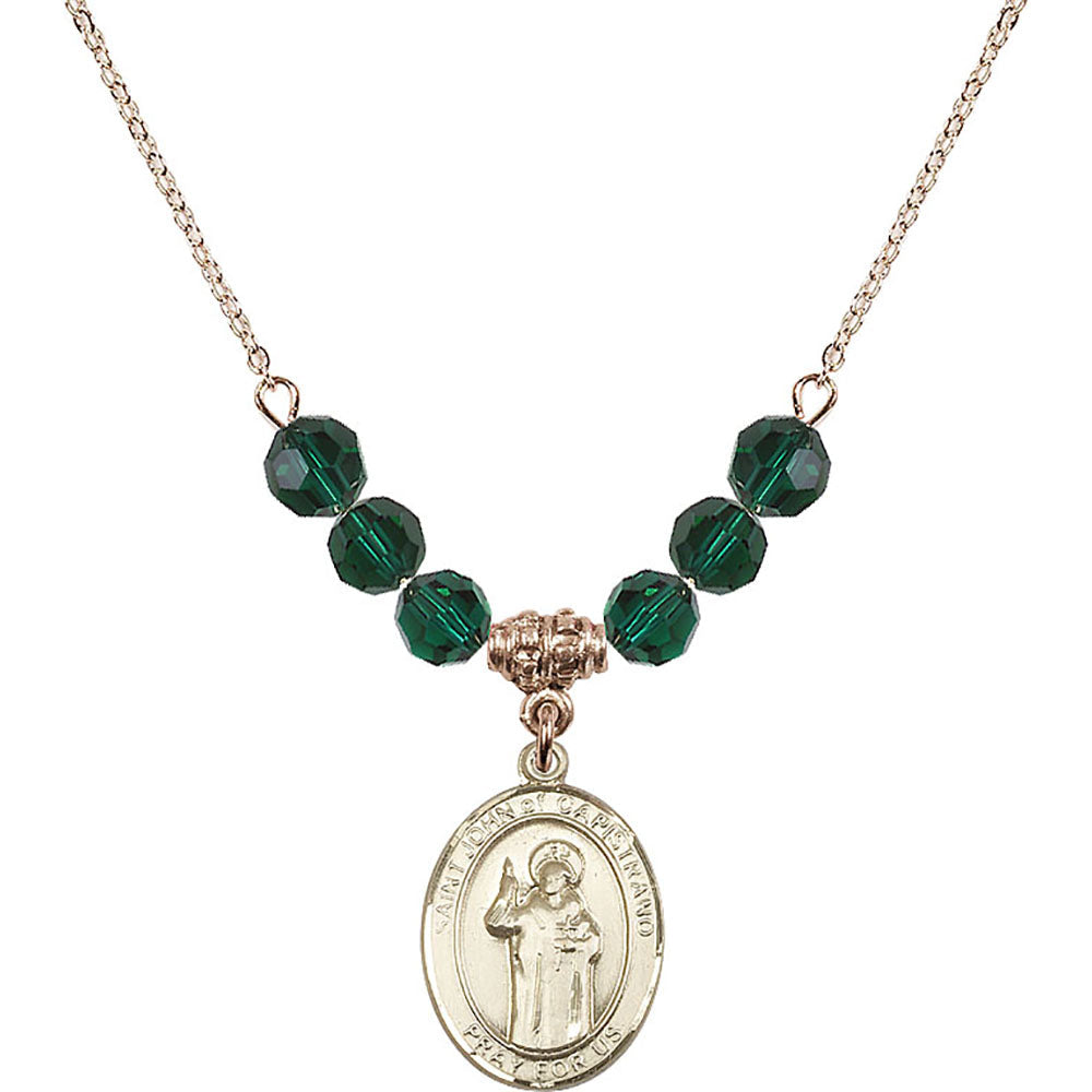 14kt Gold Filled Saint John of Capistrano Birthstone Necklace with Emerald Beads - 8350