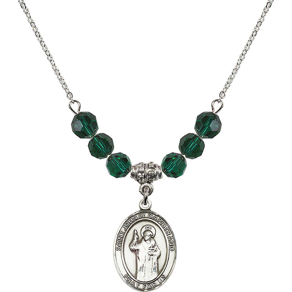 Sterling Silver Saint John of Capistrano Birthstone Necklace with Emerald Beads - 8350