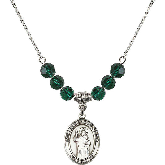 Sterling Silver Saint John of Capistrano Birthstone Necklace with Emerald Beads - 8350