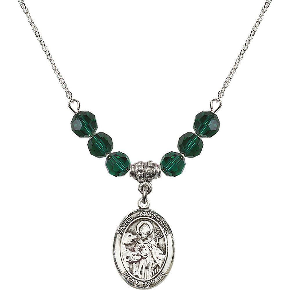 Sterling Silver Saint Januarius Birthstone Necklace with Emerald Beads - 8351