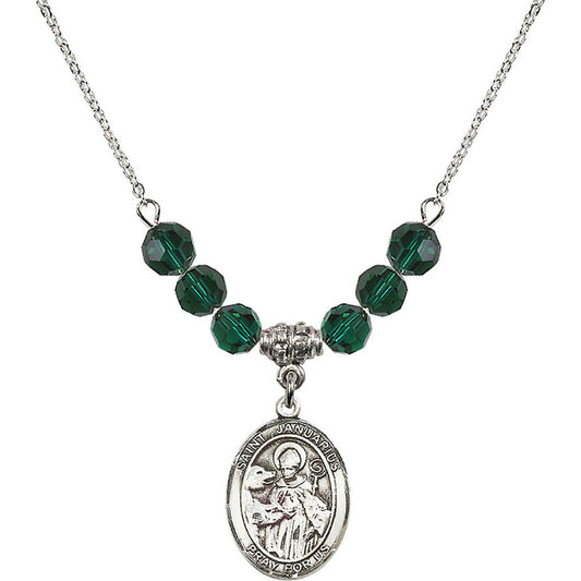 Sterling Silver Saint Januarius Birthstone Necklace with Emerald Beads - 8351