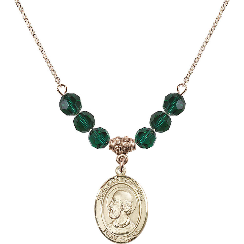 14kt Gold Filled Pope Saint Eugene I Birthstone Necklace with Emerald Beads - 8352