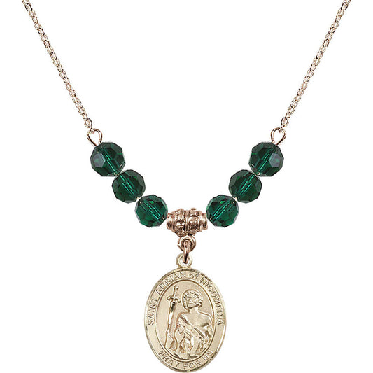 14kt Gold Filled Saint Adrian of Nicomedia Birthstone Necklace with Emerald Beads - 8353