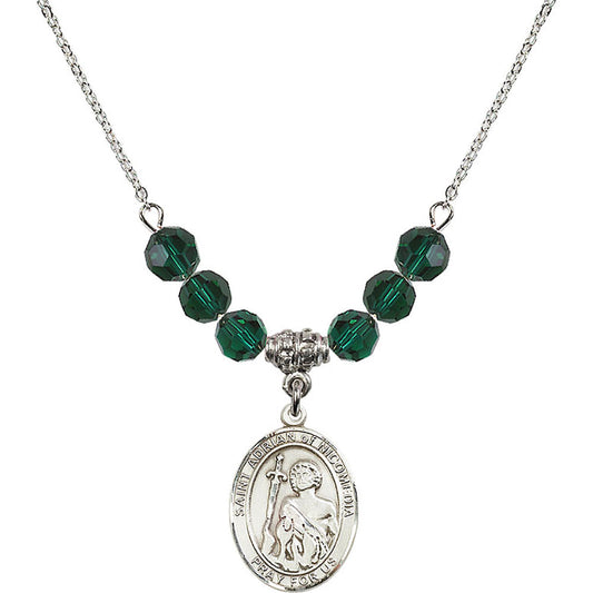 Sterling Silver Saint Adrian of Nicomedia Birthstone Necklace with Emerald Beads - 8353
