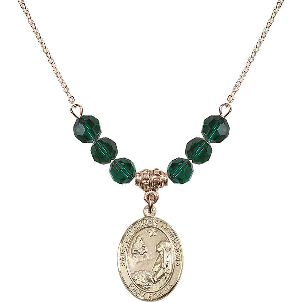 14kt Gold Filled Saint Catherine of Bologna Birthstone Necklace with Emerald Beads - 8354