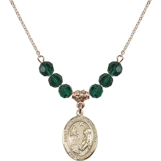 14kt Gold Filled Saint Catherine of Bologna Birthstone Necklace with Emerald Beads - 8354