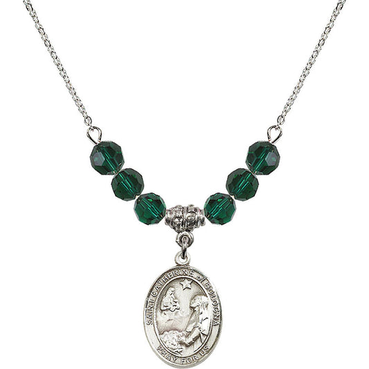 Sterling Silver Saint Catherine of Bologna Birthstone Necklace with Emerald Beads - 8354