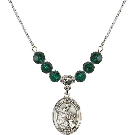 Sterling Silver Saint Eustachius Birthstone Necklace with Emerald Beads - 8356