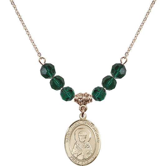 14kt Gold Filled Saint John Chrysostom Birthstone Necklace with Emerald Beads - 8357
