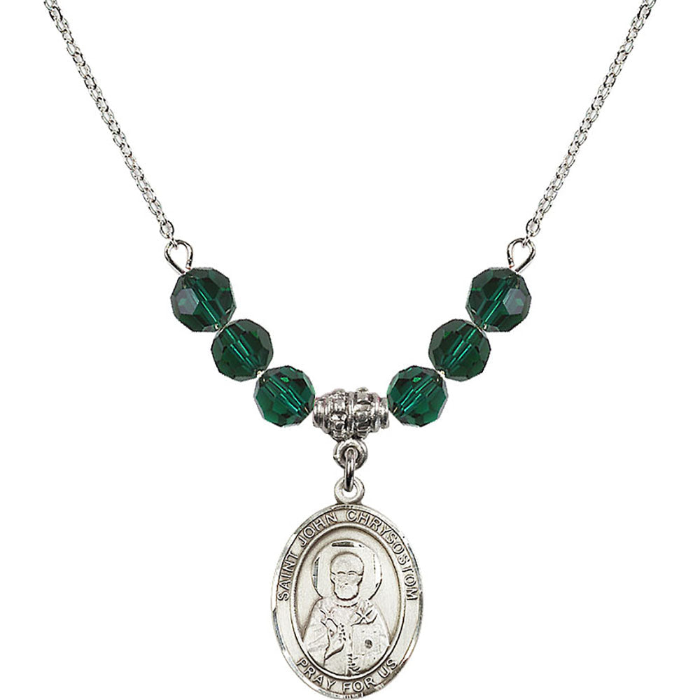 Sterling Silver Saint John Chrysostom Birthstone Necklace with Emerald Beads - 8357