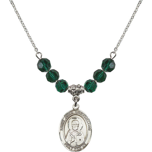 Sterling Silver Saint John Chrysostom Birthstone Necklace with Emerald Beads - 8357