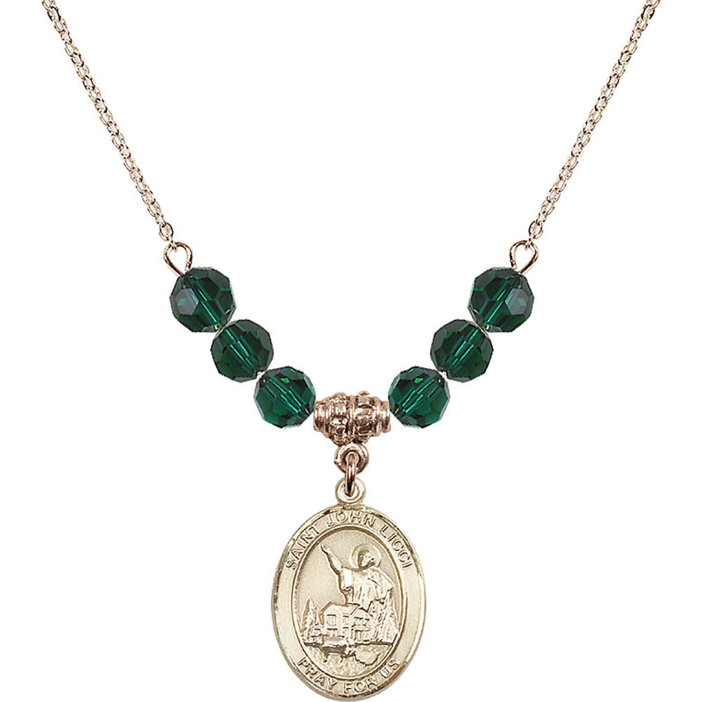 14kt Gold Filled Saint John Licci Birthstone Necklace with Emerald Beads - 8358