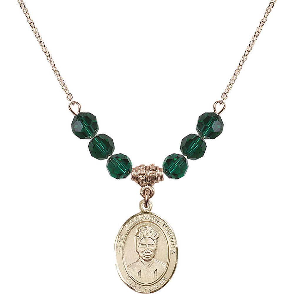 14kt Gold Filled Saint Josephine Bakhita Birthstone Necklace with Emerald Beads - 8360